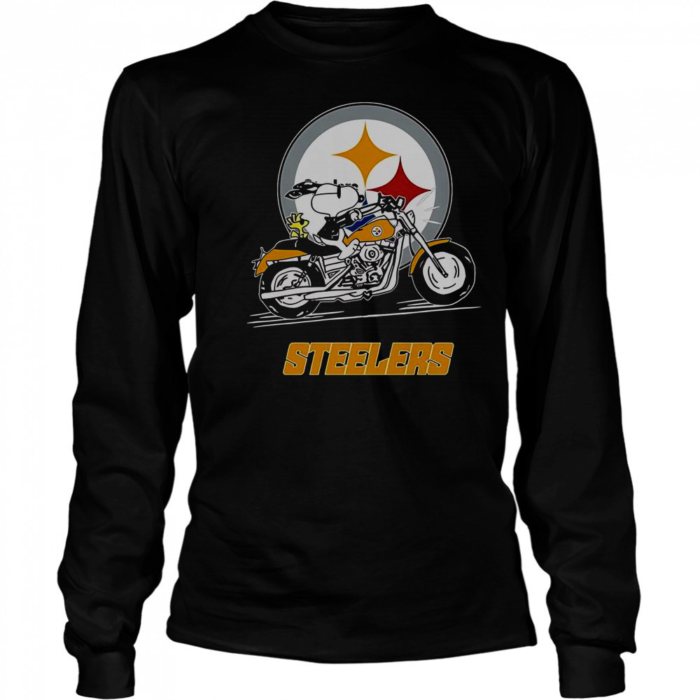 Snoopy And Woodstock Driving Motorbike Pittsburgh Steelers T-Shirt Long Sleeved