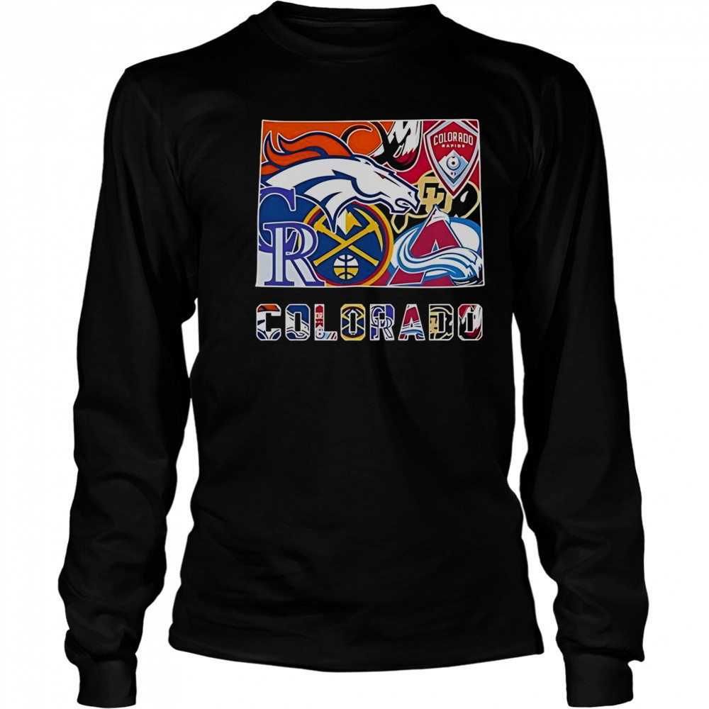 Colorado Sports Team Broncos Rapids Rockies Nuggets Buffaloes And Avalanche Logos T-Shirt Long Sleeved