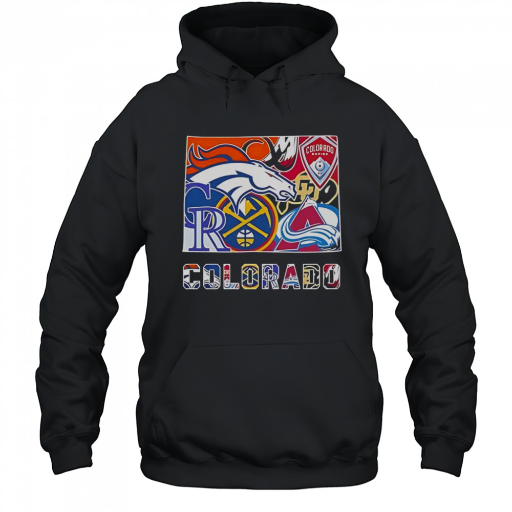 Colorado Sports Team Broncos Rapids Rockies Nuggets Buffaloes And Avalanche Logos T-Shirt Hoodie