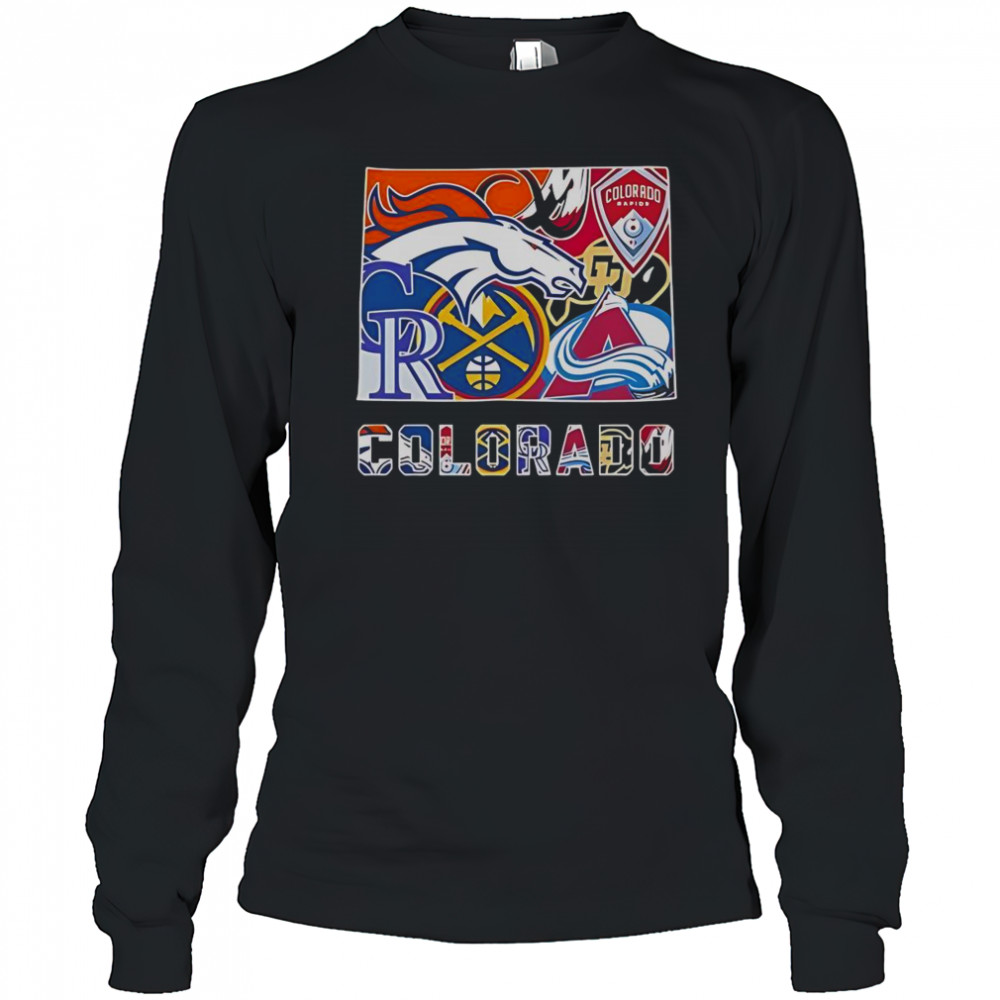Colorado Sports Team Broncos Rapids Rockies Nuggets Buffaloes And Avalanche Logos T-Shirt Long Sleeved