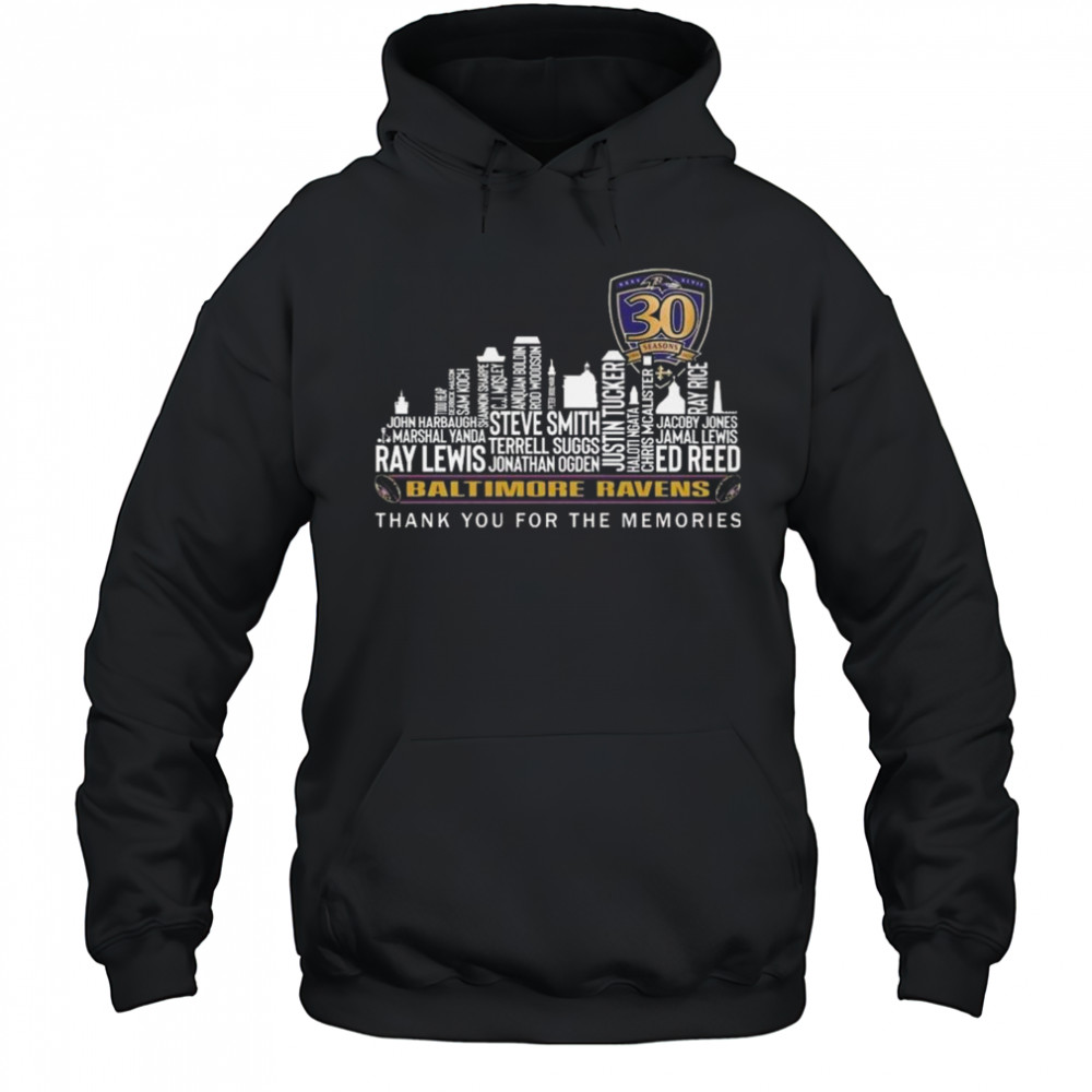 Baltimore Ravens 30 Seasons Thank You For The Memories Skyline Names 2025 Shirt Hoodie