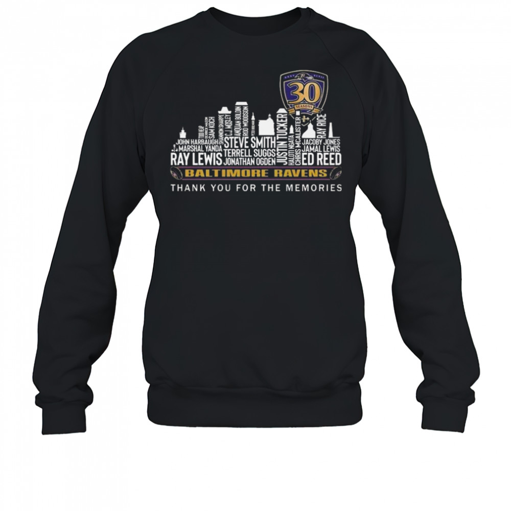 Baltimore Ravens 30 Seasons Thank You For The Memories Skyline Names 2025 Shirt Sweatshirt