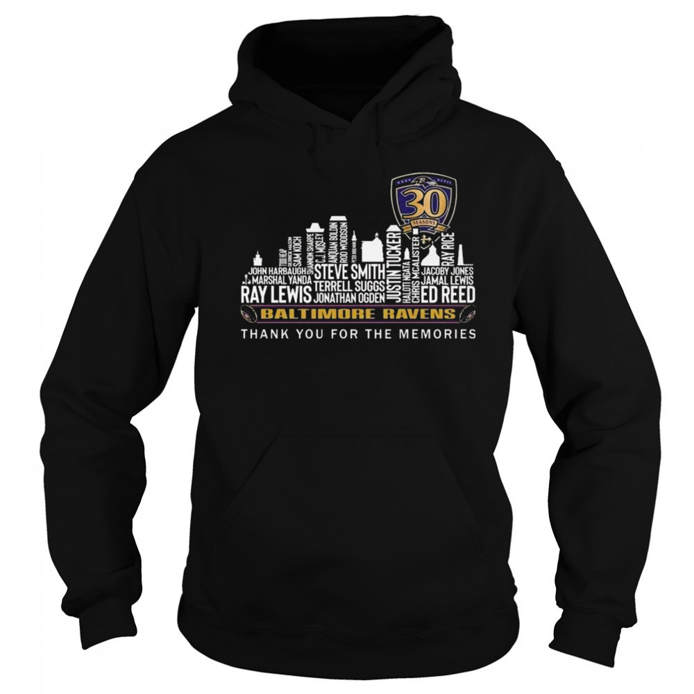 Baltimore Ravens 30 Seasons Thank You For The Memories Skyline Names 2025 Shirt Sweatshirt