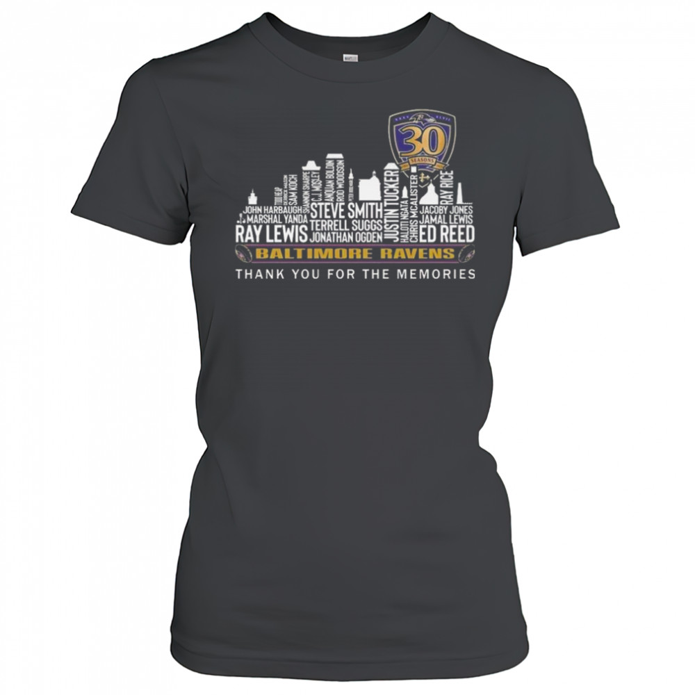 Baltimore Ravens 30 Seasons Thank You For The Memories Skyline Names 2025 Shirt Women's T-shirt