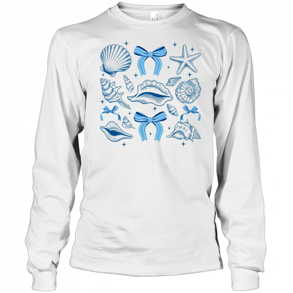 Blue Coquette Bow Seashell Retro Beach Summer Vibes Girls shirt Long Sleeved
