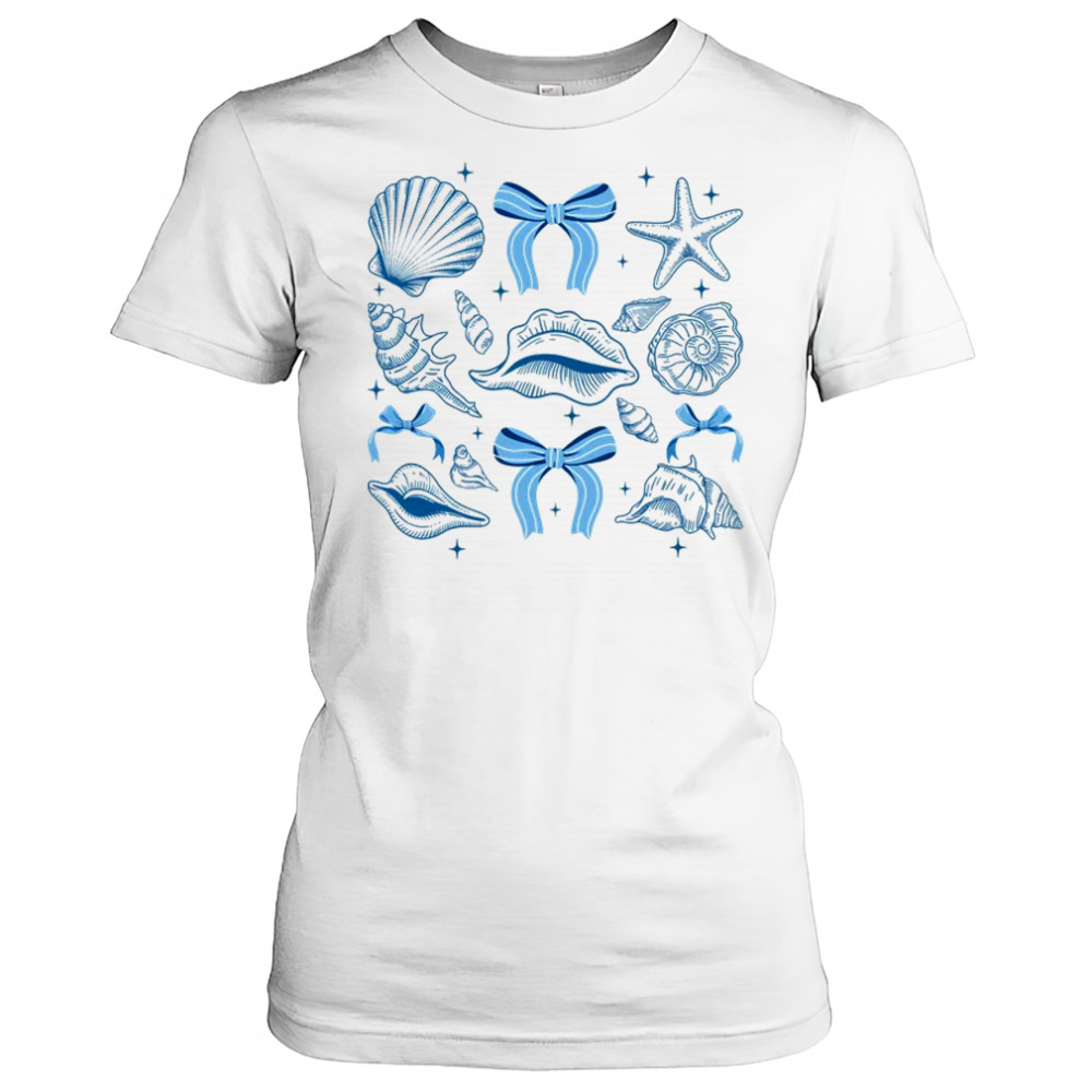 Blue Coquette Bow Seashell Retro Beach Summer Vibes Girls shirt Women's T-shirt