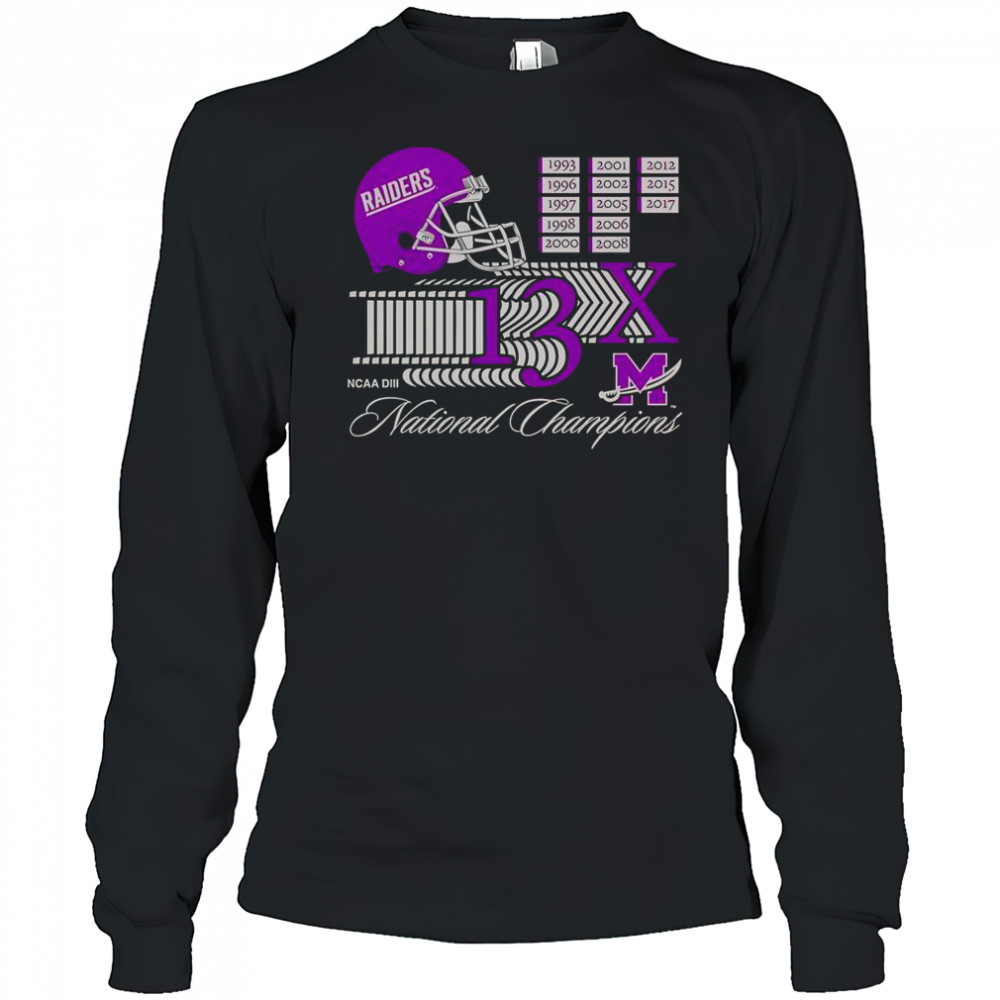 Mount Union Purple Raiders 13X NCAA DIII National Champions Helmet Logo T-Shirt Long Sleeved