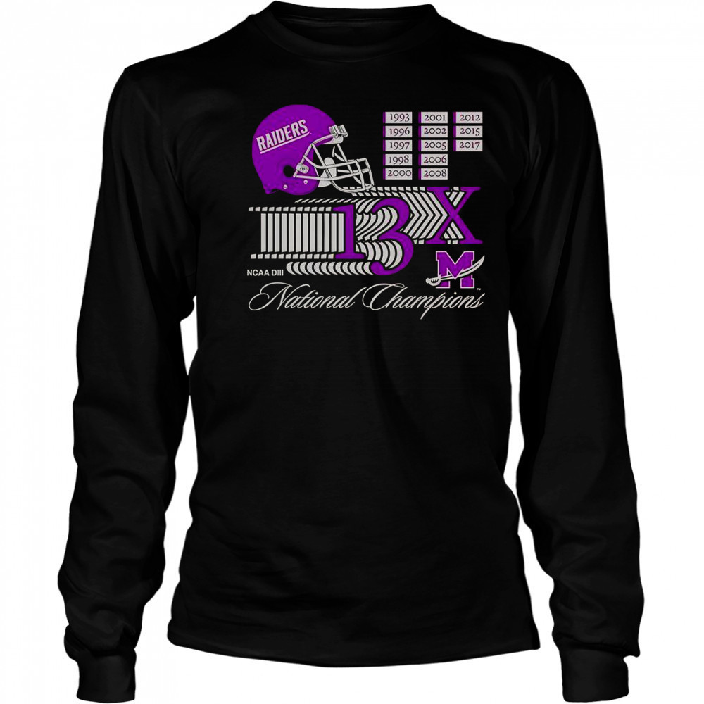 Mount Union Purple Raiders 13X NCAA DIII National Champions Helmet Logo T-Shirt Long Sleeved