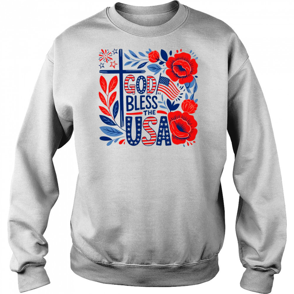 Retro Boho Floral God Bless The USA Christian 4th Of July shirt Hoodie
