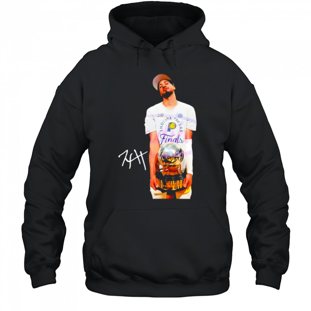 Tyrese Haliburton holding trophy Indiana Pacers 2025 NBA Finals signature shirt Hoodie