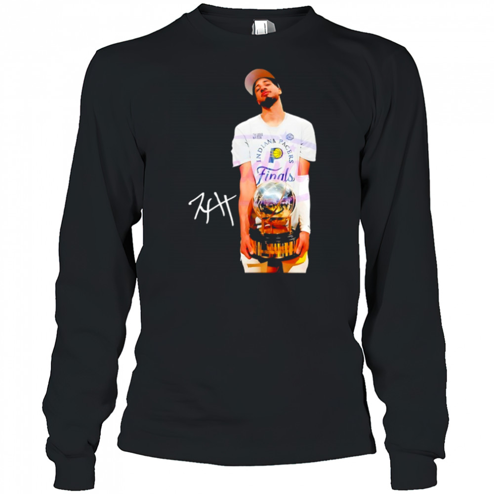 Tyrese Haliburton holding trophy Indiana Pacers 2025 NBA Finals signature shirt Long Sleeved