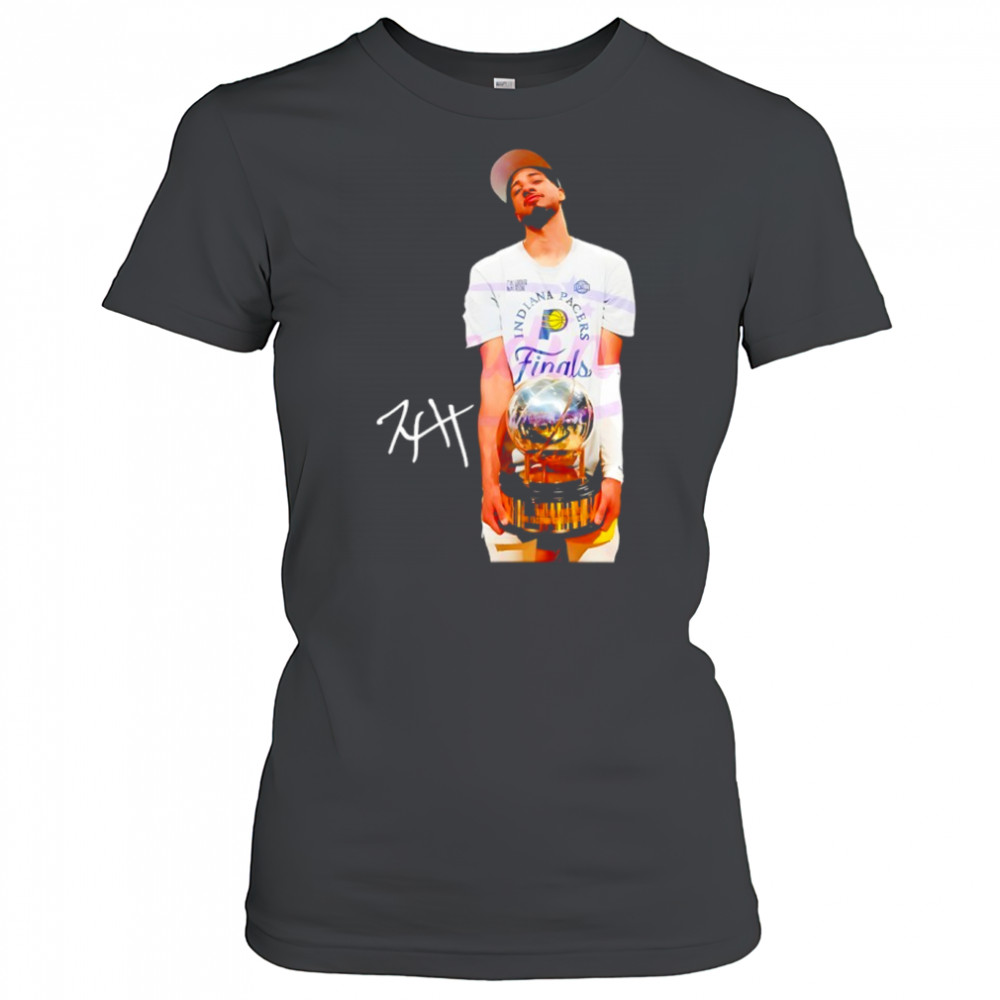 Tyrese Haliburton holding trophy Indiana Pacers 2025 NBA Finals signature shirt Women's T-shirt
