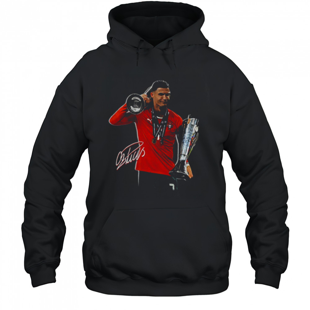 Cristiano Ronaldo holding Trophy UEFA Nations League 2025 signature shirt Hoodie