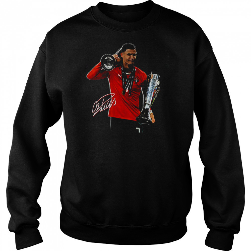 Cristiano Ronaldo holding Trophy UEFA Nations League 2025 signature shirt Hoodie