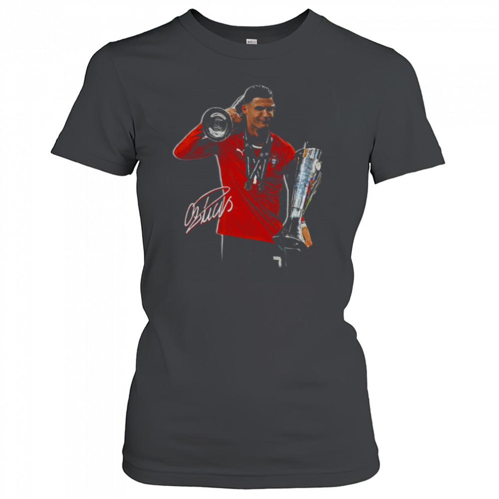 Cristiano Ronaldo holding Trophy UEFA Nations League 2025 signature shirt Women's T-shirt