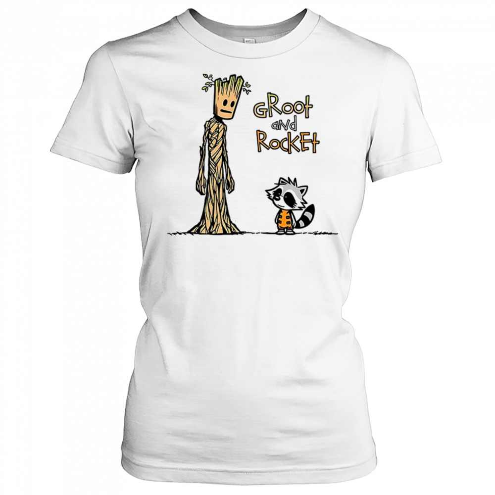 Groot and Rocket Raccoon X Calvin and Hobbes a raccoon and a tree shirt Women's T-shirt