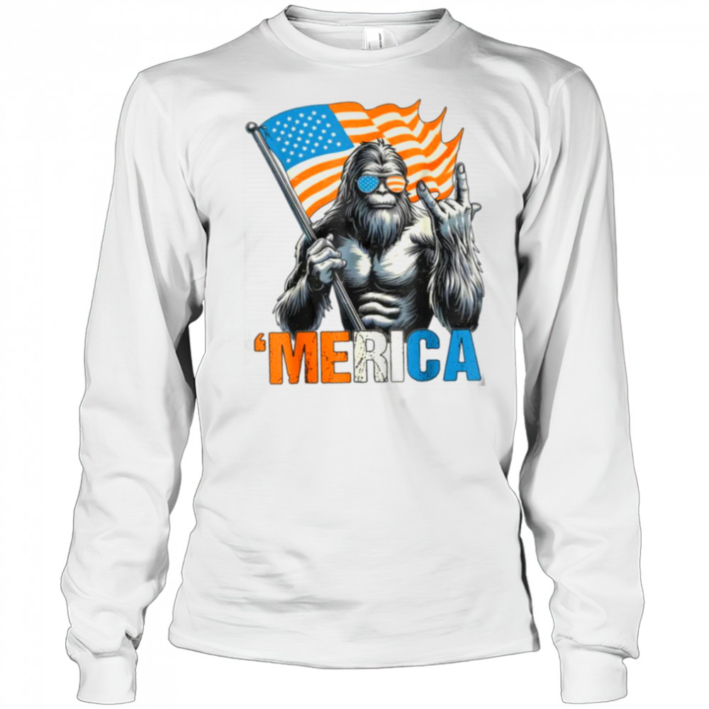 Bigfoot Merica Rock American Flag Patriotic 4th Of July T Shirt Long Sleeved