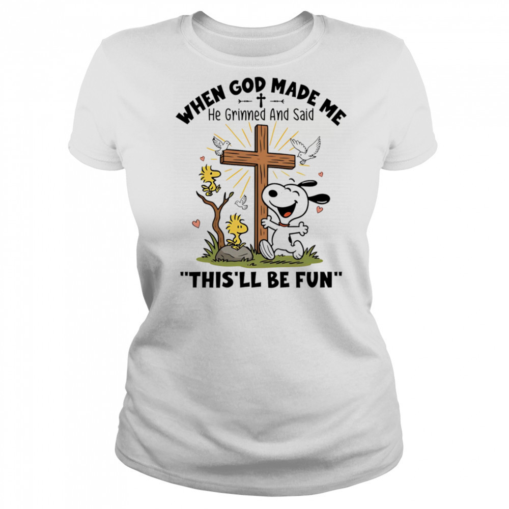 Snoopy and Woodstock when God made me he grinned and said this’ll be fun shirt Women's T-shirt