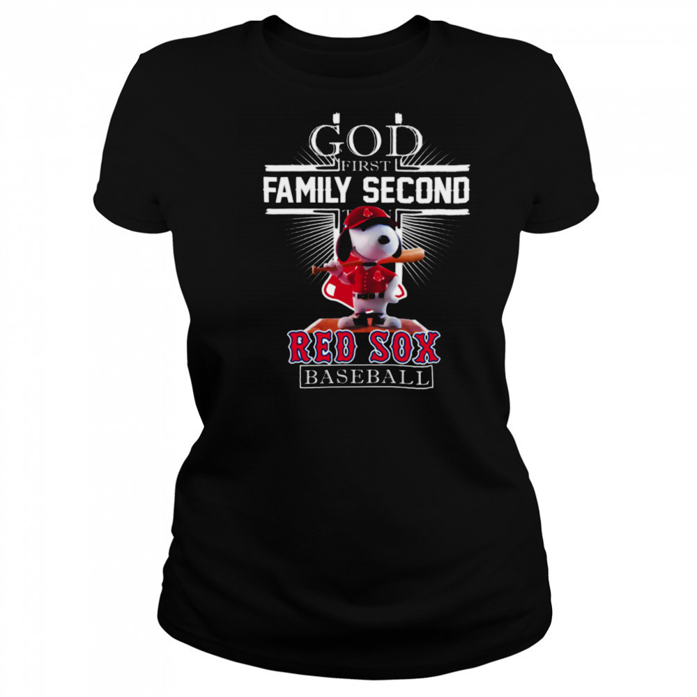 Boston Red Sox Merch Snoopy God First Family Second Then Boston Red Sox Baseball T Shirt Women's T-shirt