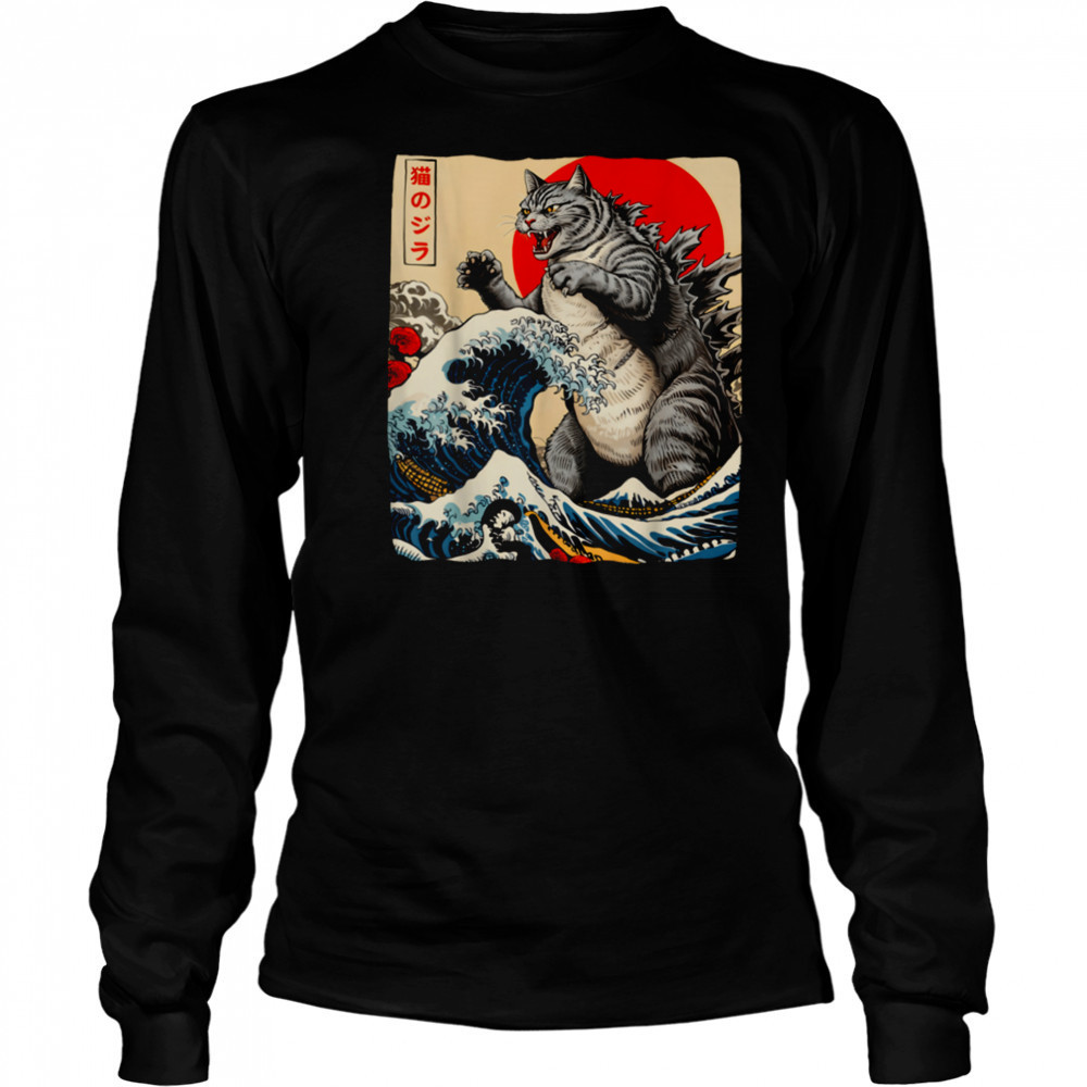 Catzilla Cat Japanese Art Funny Cat Gifts For Men Women Kids T Shirt Long Sleeved
