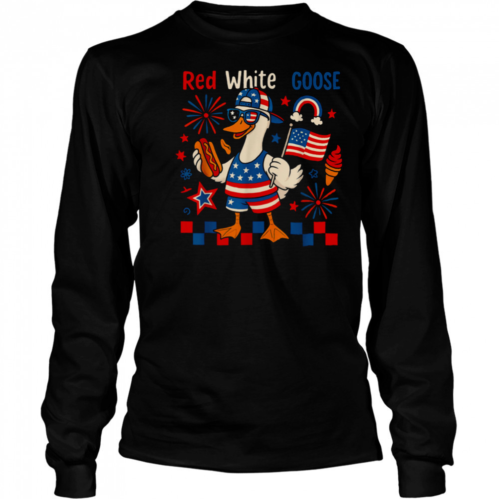 Red White and Goose 4th of July American Flag Hot Dog T Shirt Long Sleeved