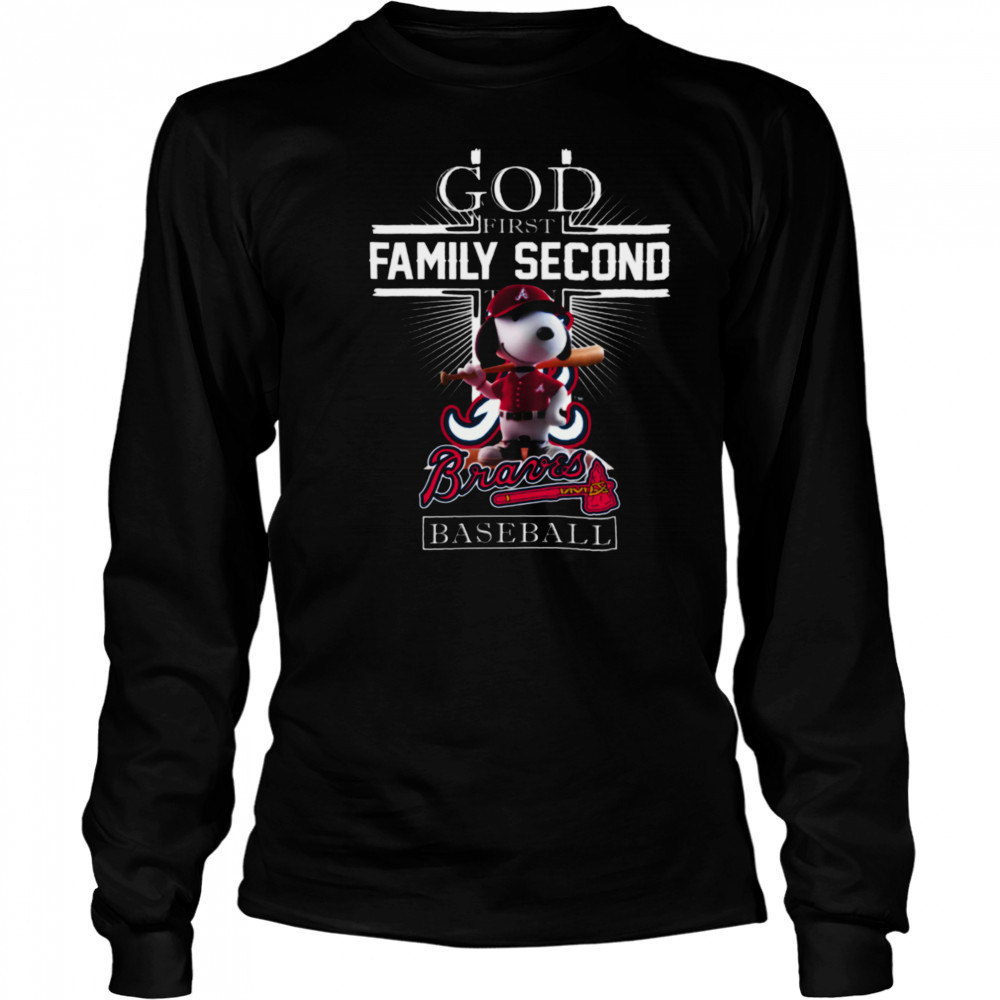 Snoopy God First Family Second Then Atlanta Braves Baseball T Shirt Long Sleeved