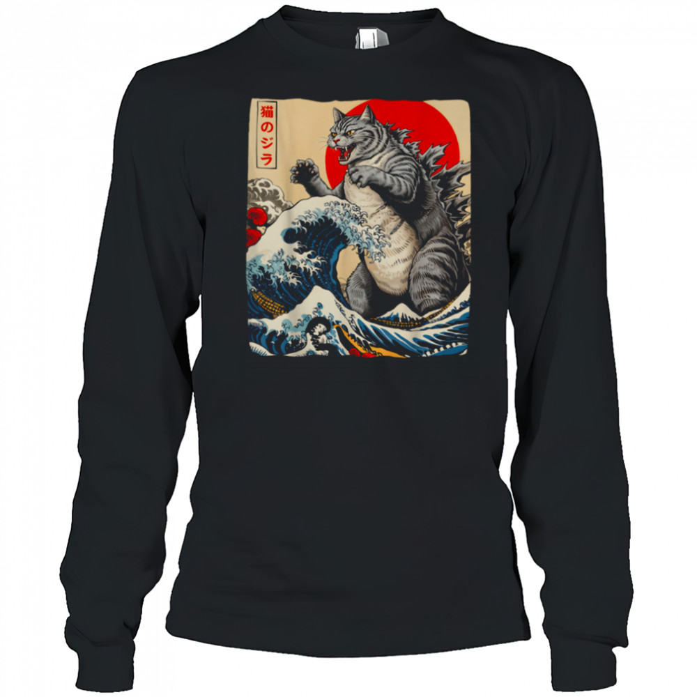Catzilla Cat Japanese Art Funny Cat Gifts For Men Women Kids T Shirt Long Sleeved
