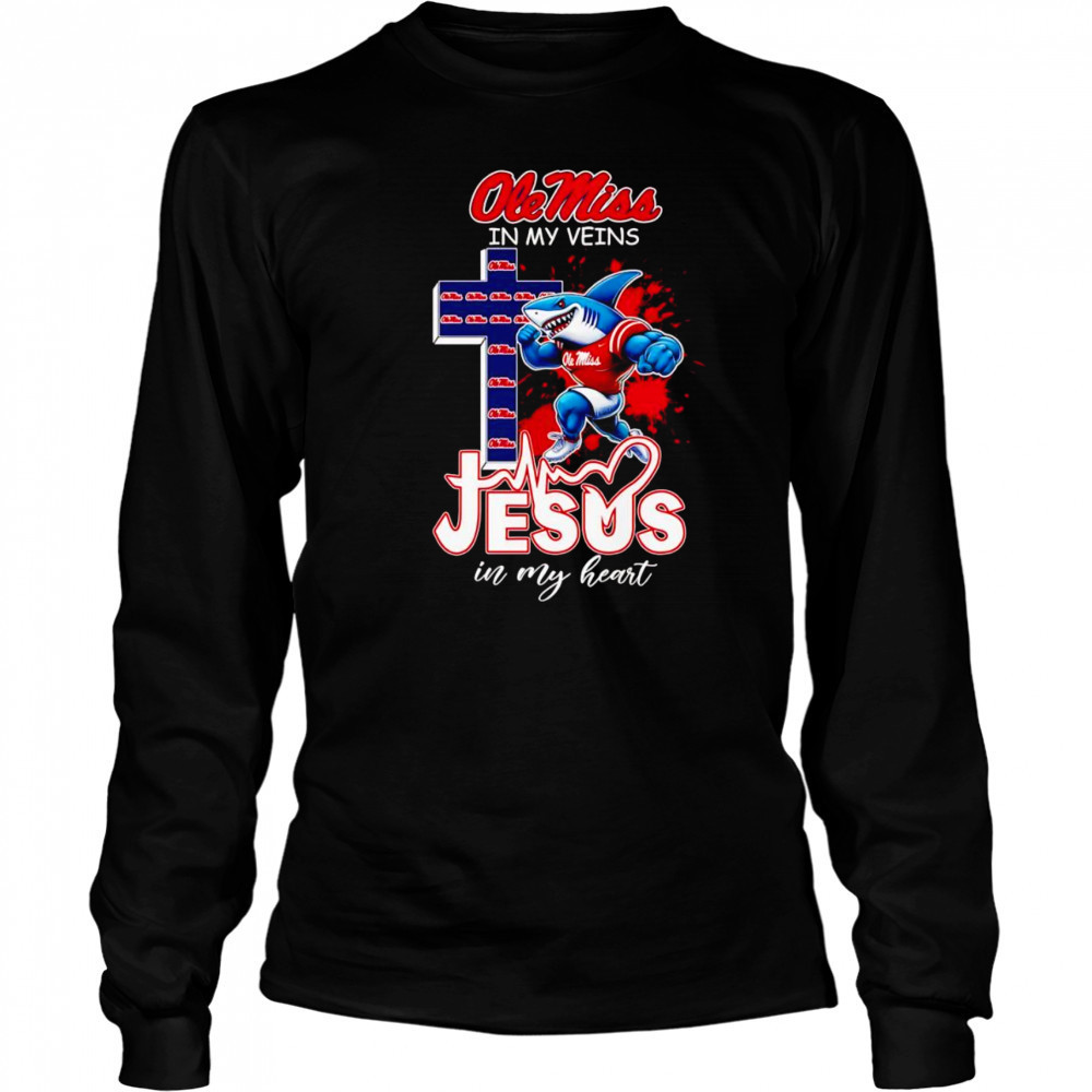 Ole Miss in my veins Jesus in my heart football mascot shirt Long Sleeved