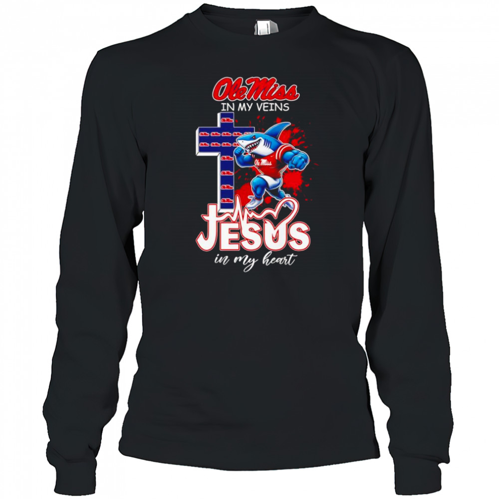 Ole Miss in my veins Jesus in my heart football mascot shirt Long Sleeved
