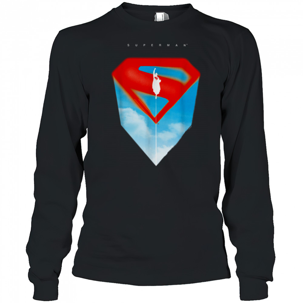 Superman (2025) Flying Silhouette Red S Shield Logo T Shirt Long Sleeved
