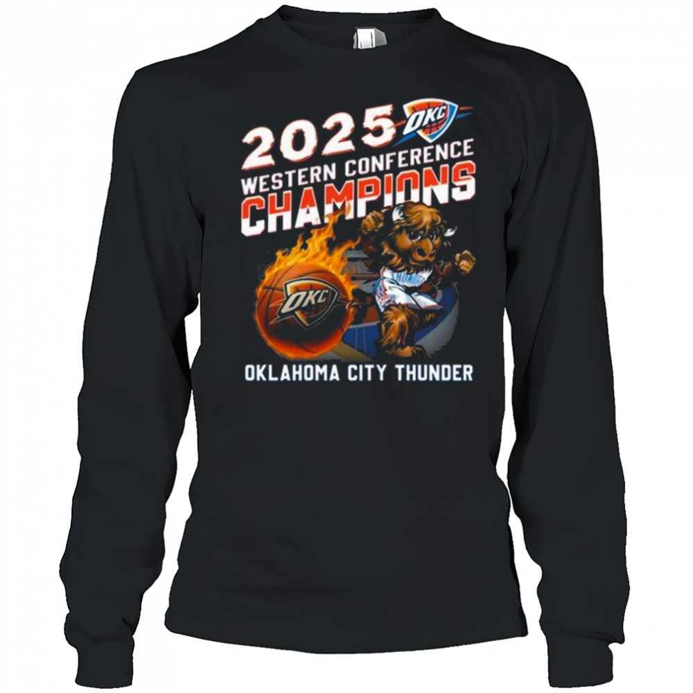 2025 Western Conference Champions Oklahoma City Thunder Mascot Fire Shirt Long Sleeved