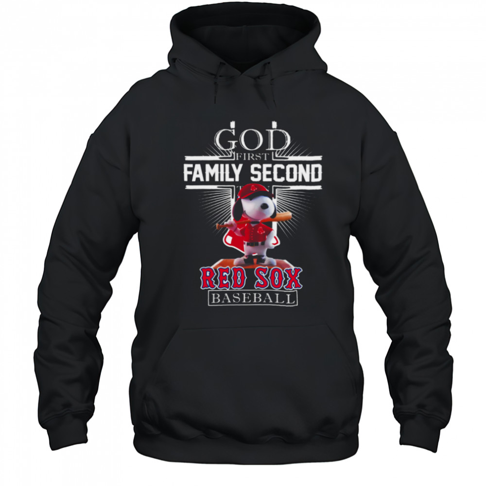 Boston Red Sox Merch Snoopy God First Family Second Then Boston Red Sox Baseball T Shirt Hoodie