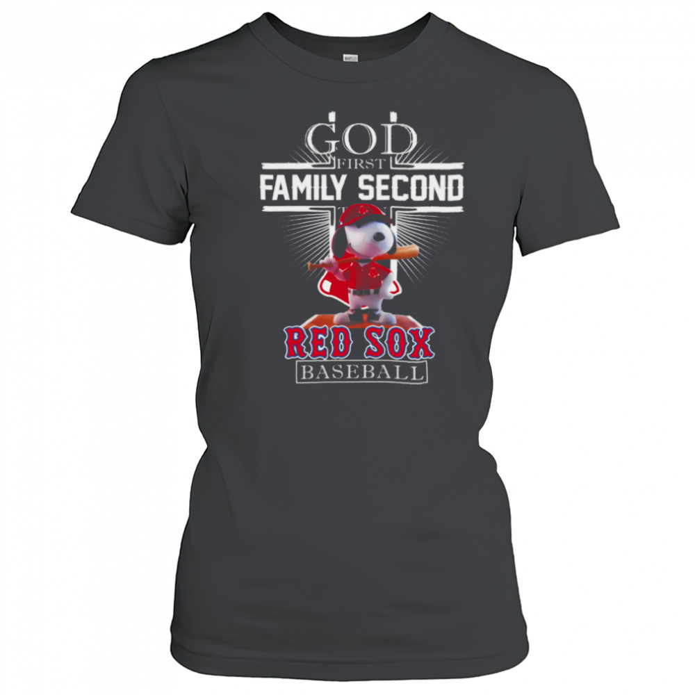 Boston Red Sox Merch Snoopy God First Family Second Then Boston Red Sox Baseball T Shirt Women's T-shirt
