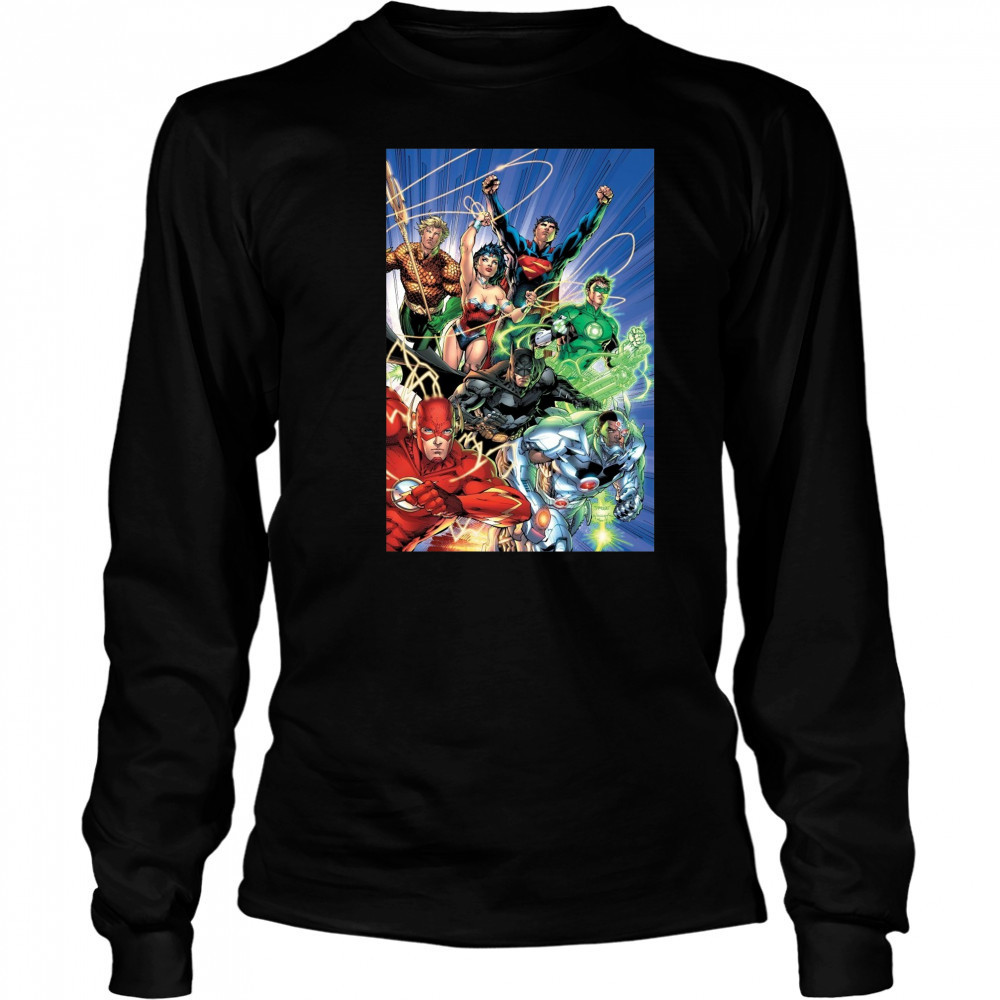 Justice League Superheroes Unite Epic Comic Artwork T-Shirt Long Sleeved