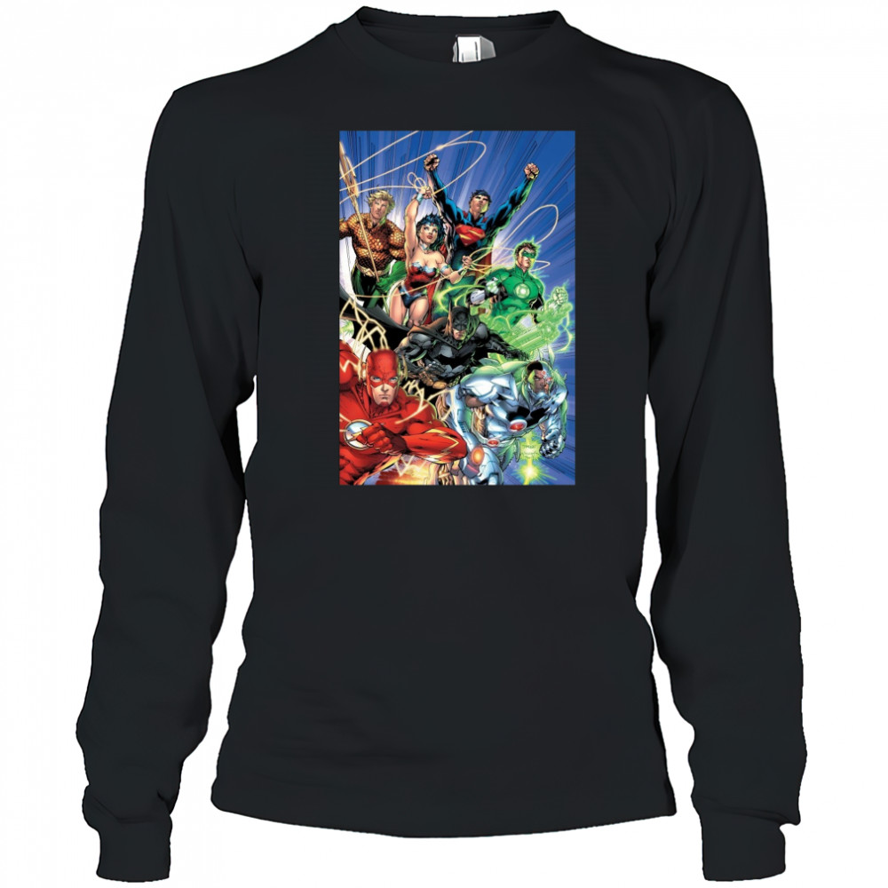Justice League Superheroes Unite Epic Comic Artwork T-Shirt Long Sleeved