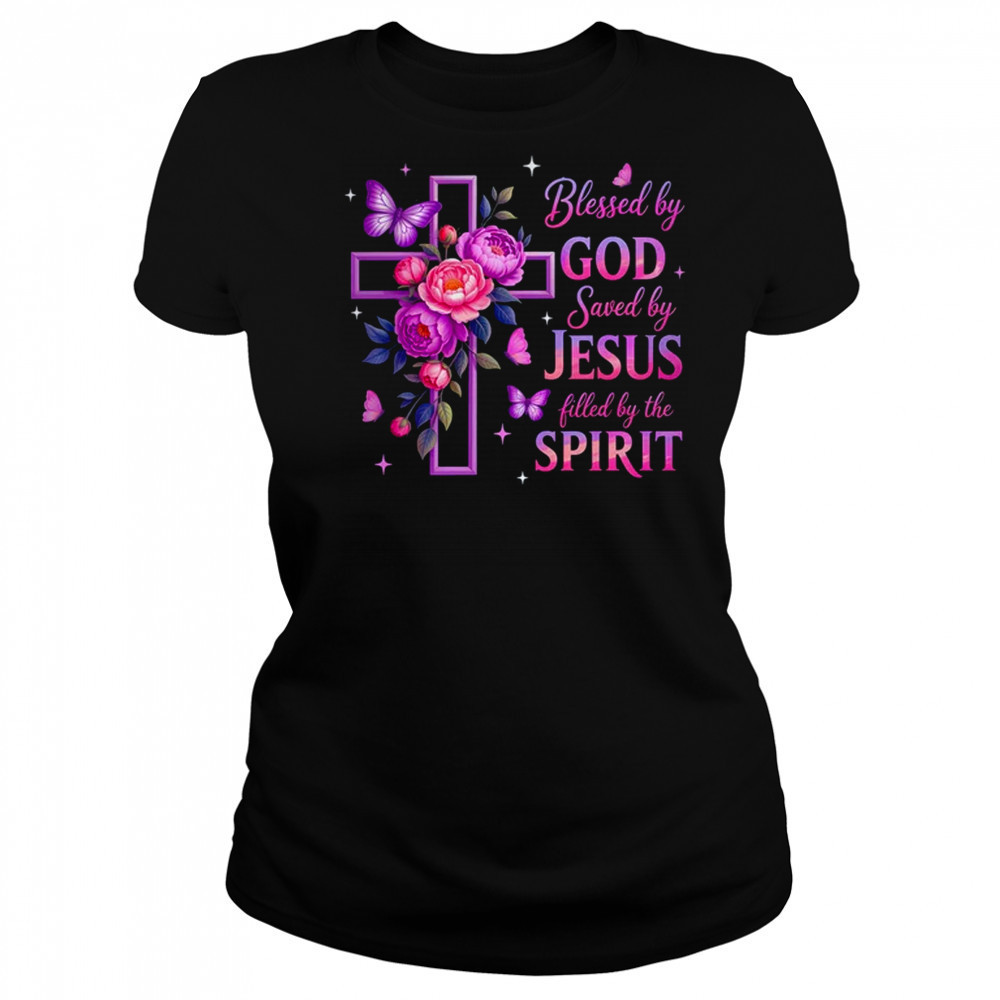 Blessed By God Saved By Jesus Purple Floral Cross Christian shirt Women's T-shirt