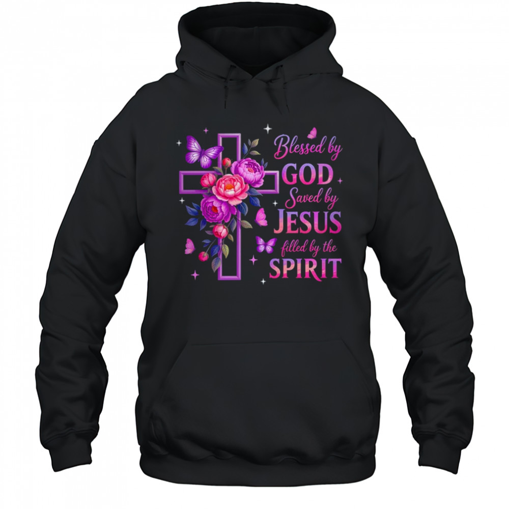 Blessed By God Saved By Jesus Purple Floral Cross Christian shirt Hoodie