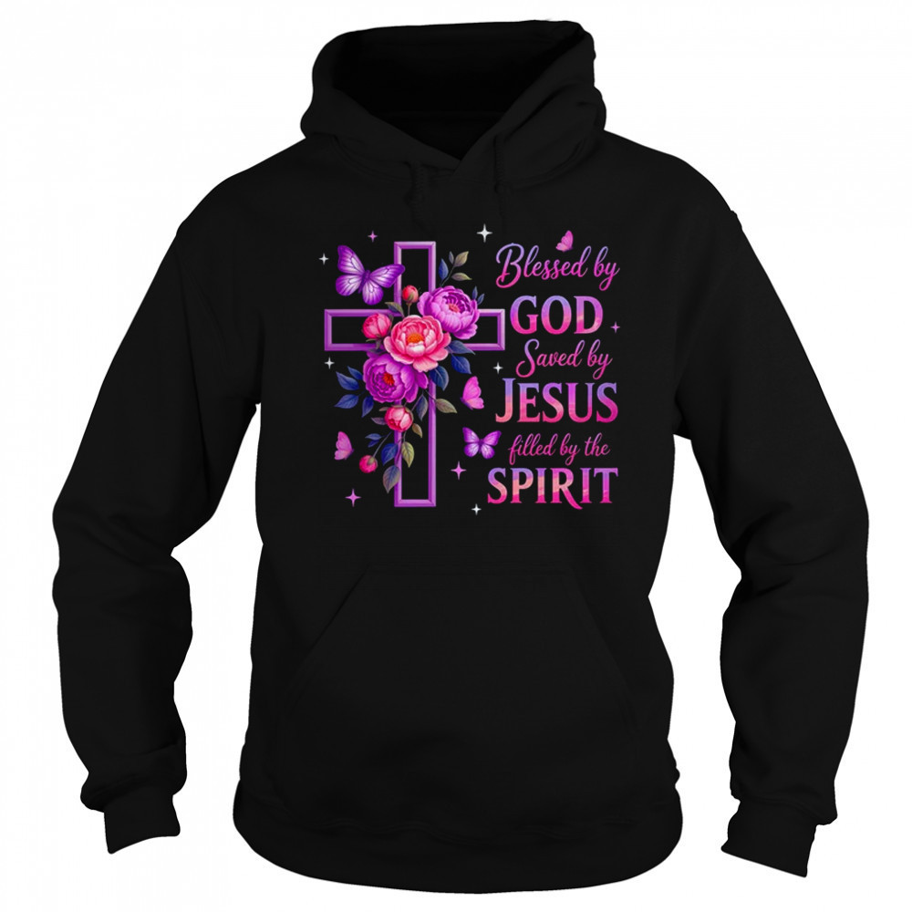 Blessed By God Saved By Jesus Purple Floral Cross Christian shirt Sweatshirt