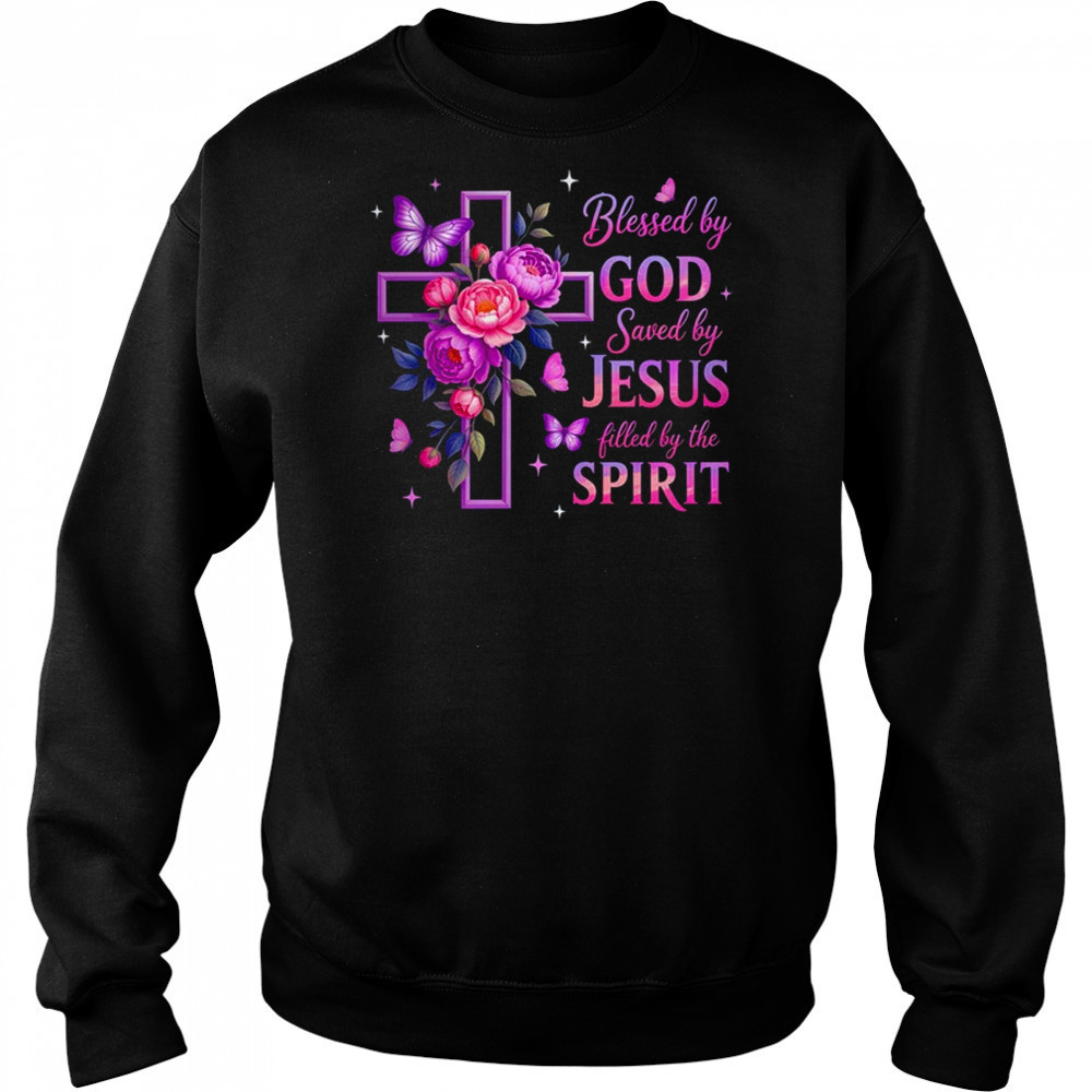 Blessed By God Saved By Jesus Purple Floral Cross Christian shirt Hoodie