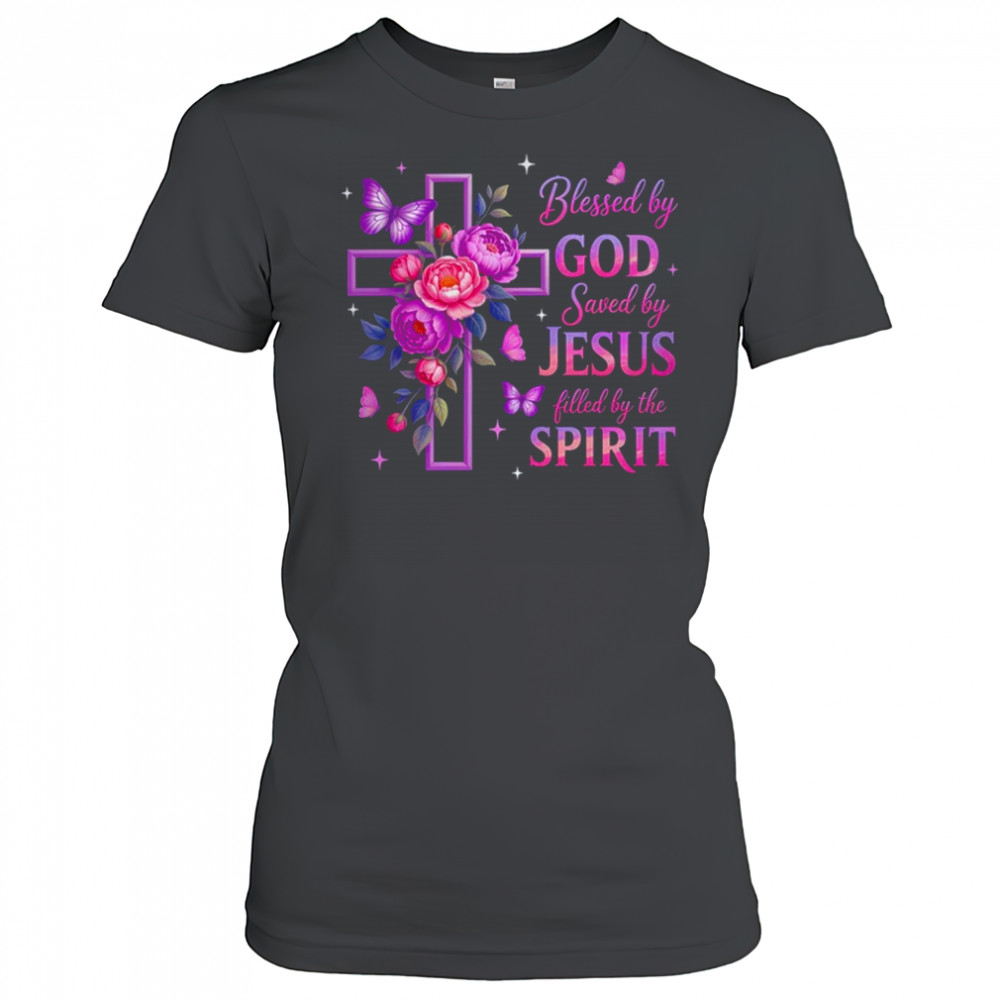 Blessed By God Saved By Jesus Purple Floral Cross Christian shirt Women's T-shirt