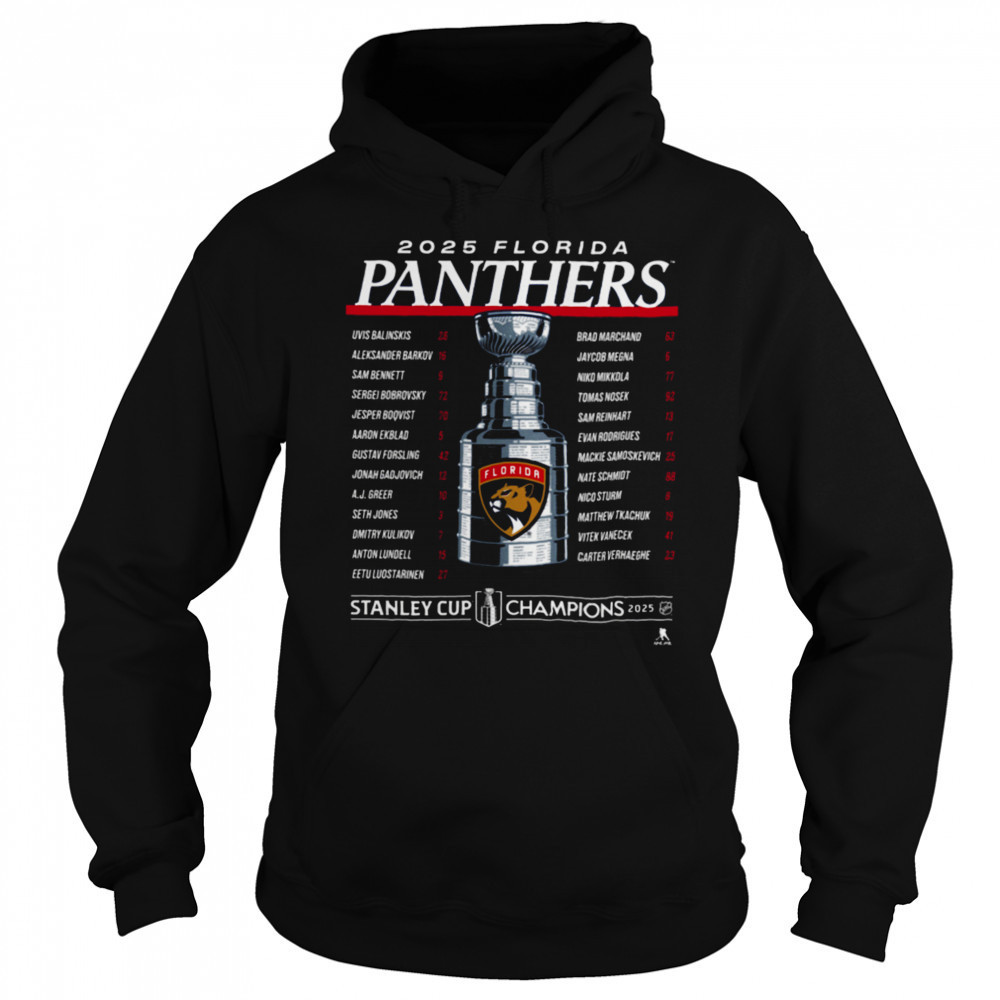 Florida Panthers Fanatics 2025 Stanley Cup Champions Give & Go Roster T Shirt Sweatshirt