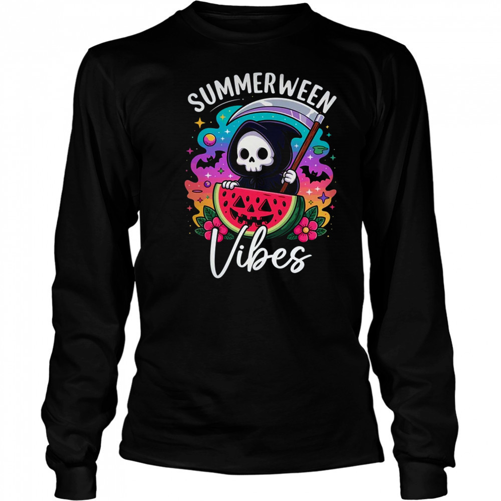 Retro Ghost Summerween Vibe Watermelon Ghost Summer Skeleton shirt Long Sleeved