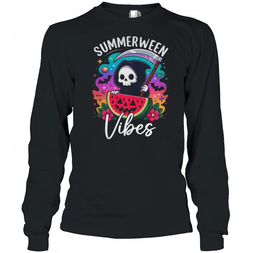 Retro Ghost Summerween Vibe Watermelon Ghost Summer Skeleton shirt Long Sleeved