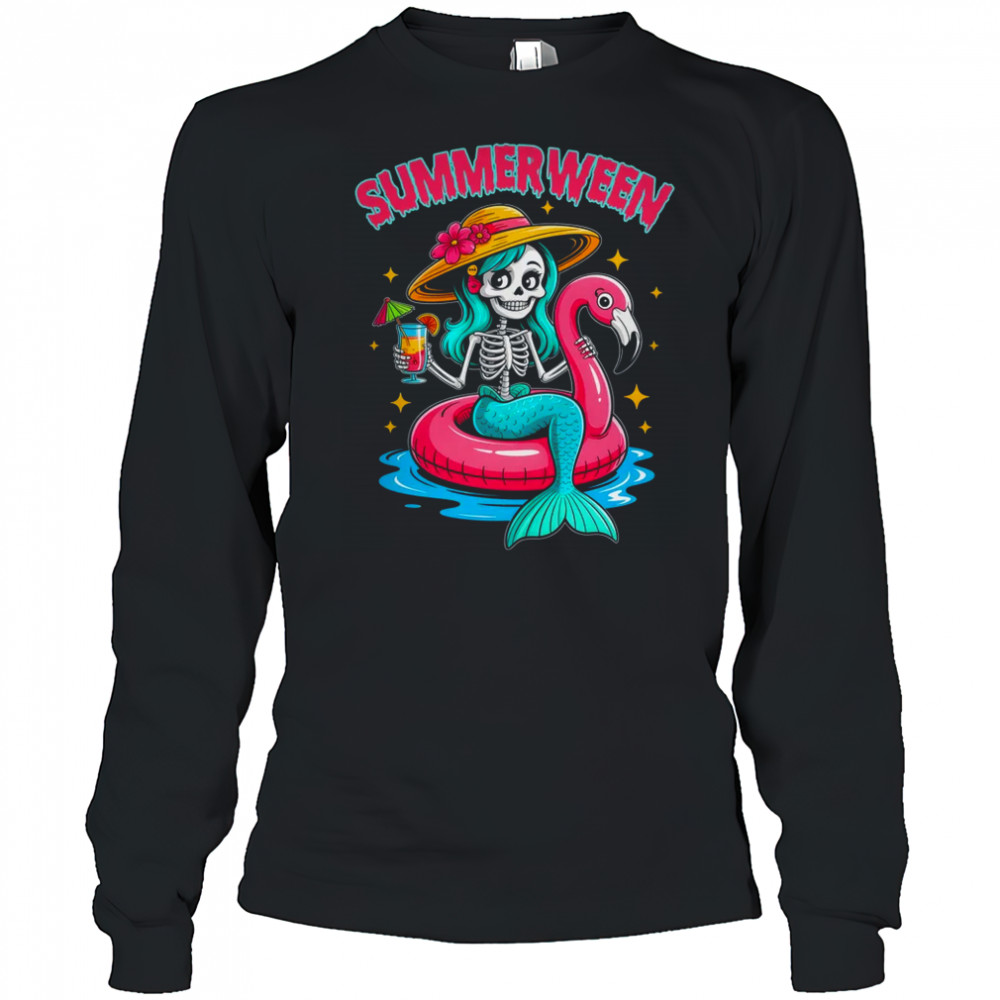 Summerween Mermaid Skeleton Halloween Flamingo Summer Vacay shirt Long Sleeved