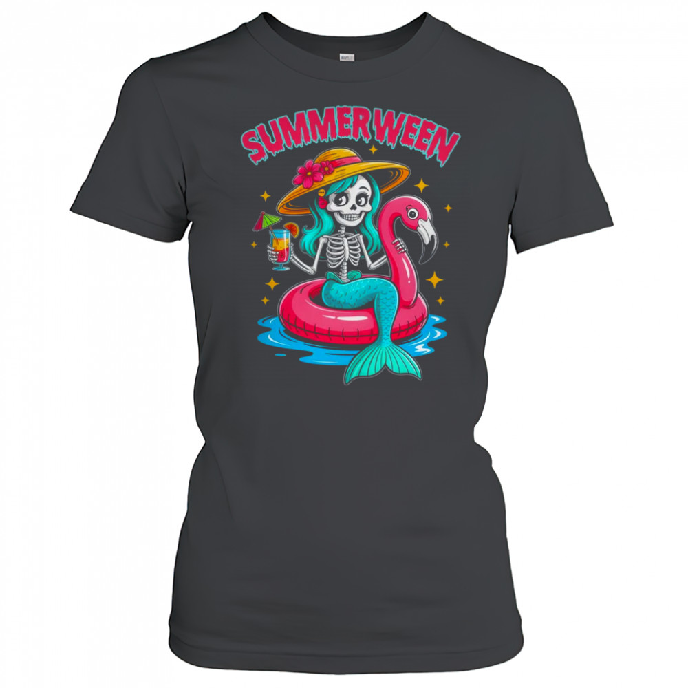 Summerween Mermaid Skeleton Halloween Flamingo Summer Vacay shirt Women's T-shirt