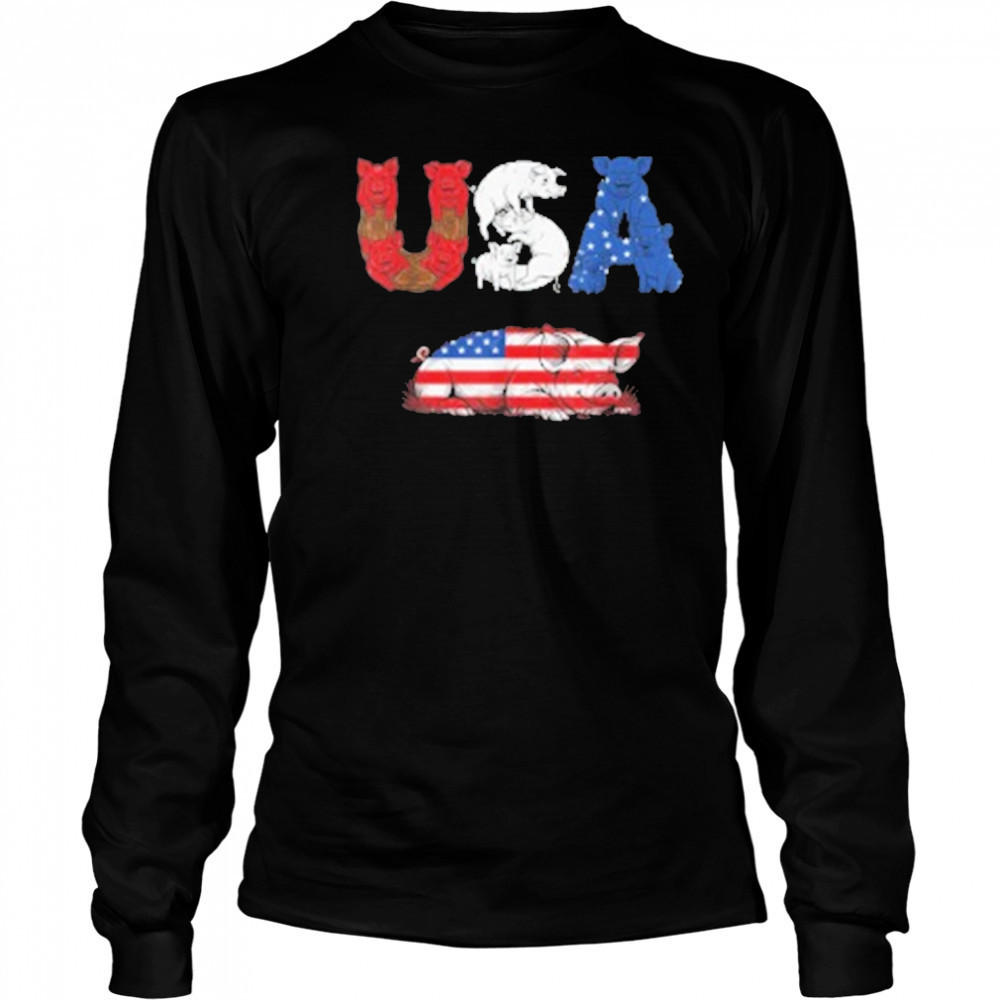 Pig American USA Flag 4th of July T-Shirt Long Sleeved