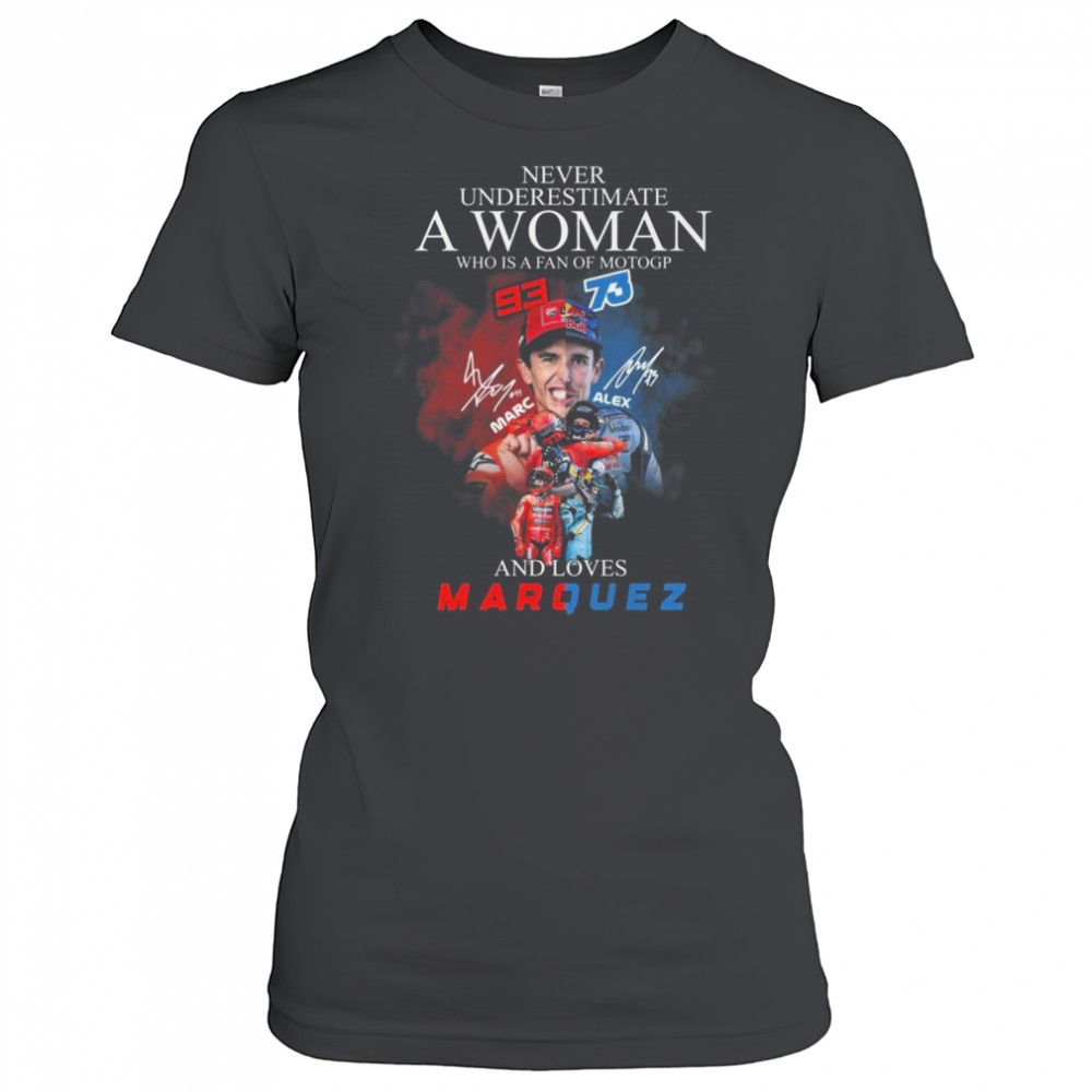 Never Underestimate A Woman Who Is A Fan Of Motogp Marc Marquez x Alex Marquez Signatures 2025 Shirt Women's T-shirt