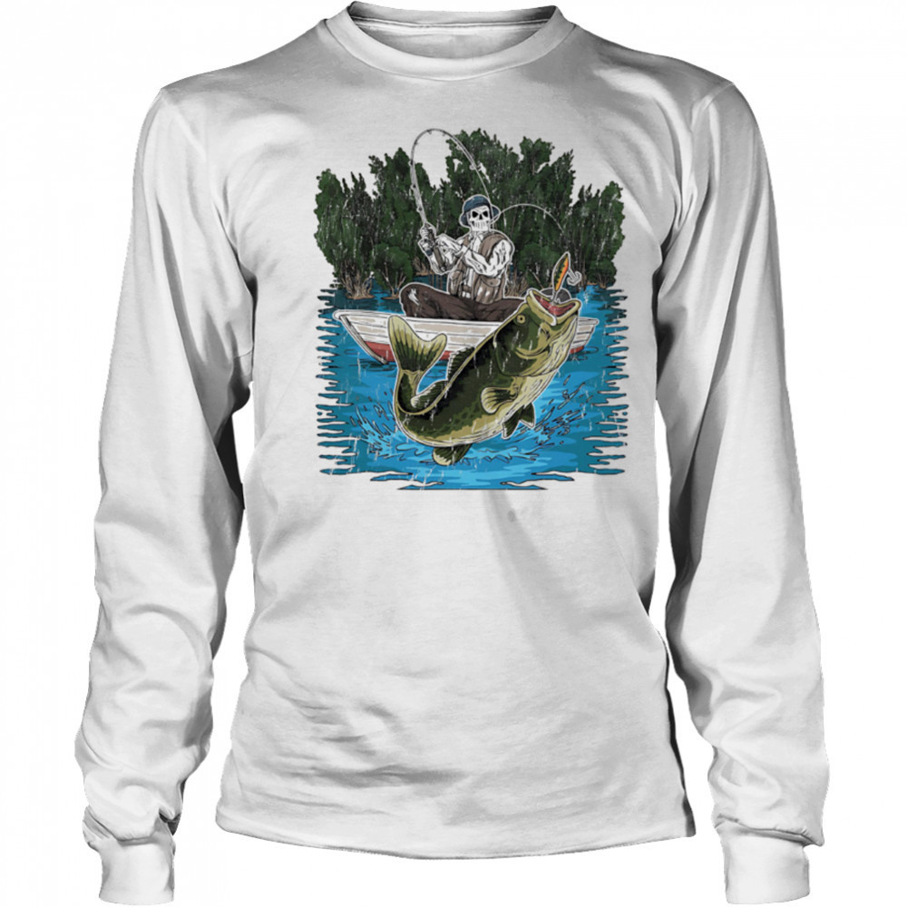 Sleleton fisherman is catching a bass fishing shirt Long Sleeved