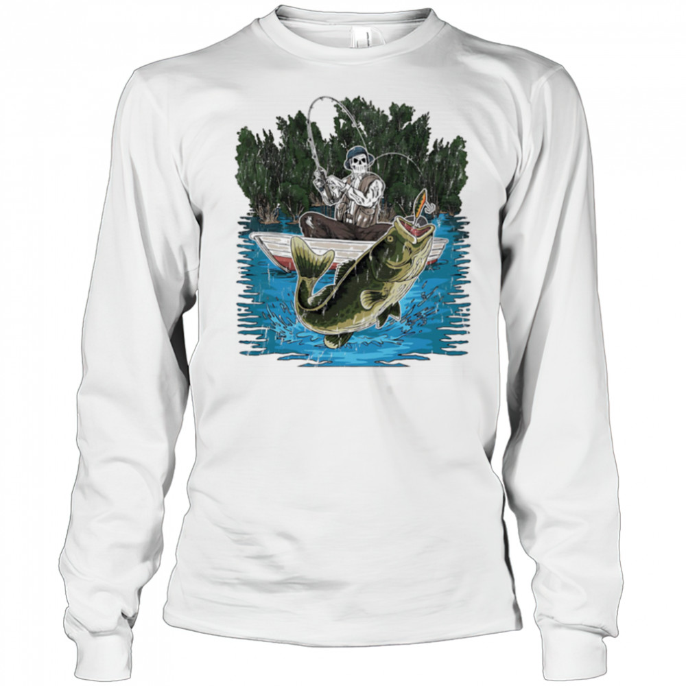 Sleleton fisherman is catching a bass fishing shirt Long Sleeved