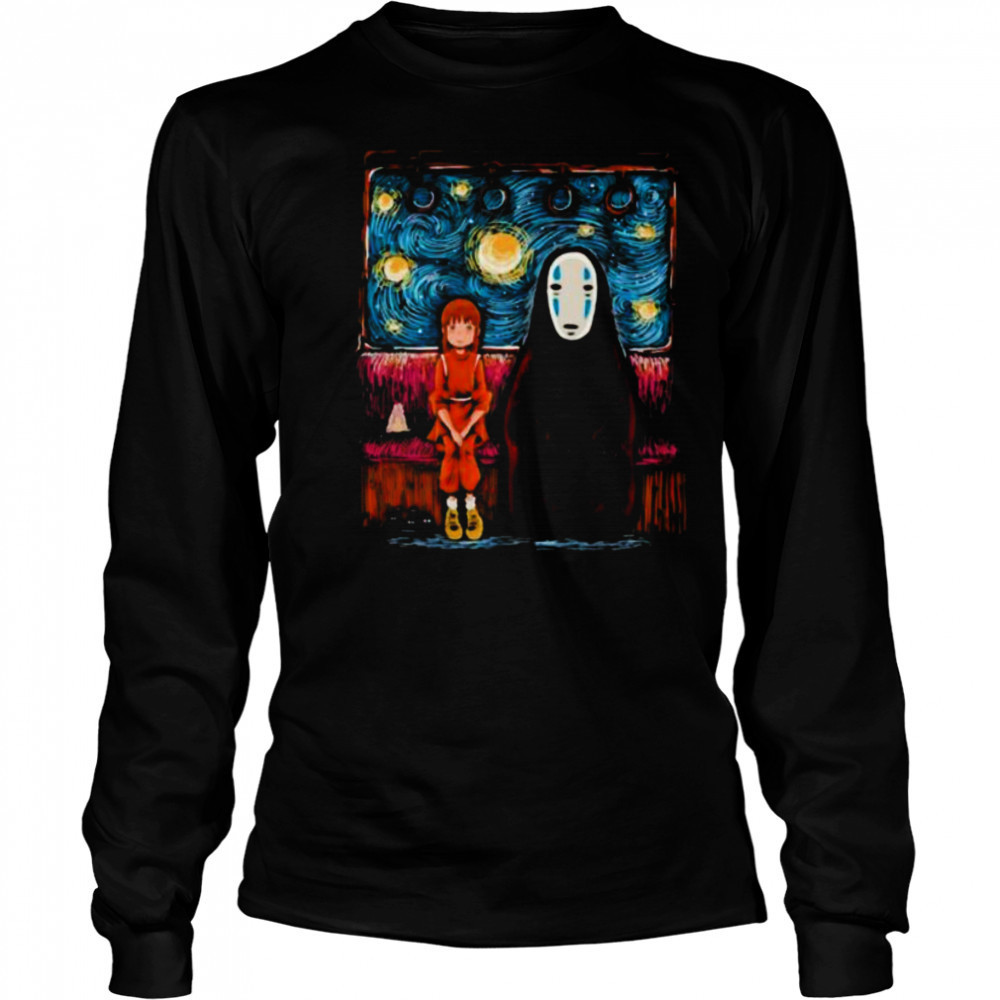 Spirited Away featuring Chihiro and No Face in the style of Van Gogh’s Starry Night shirt Long Sleeved